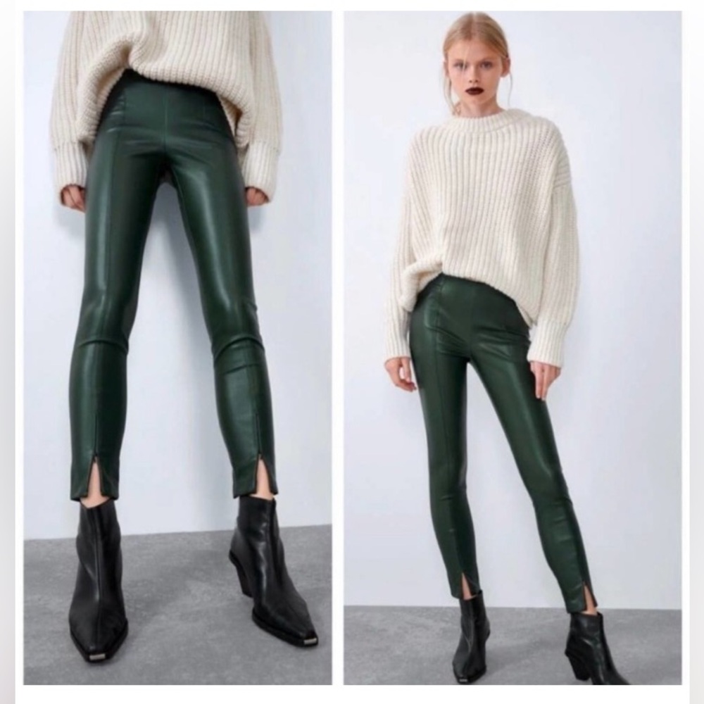 $99 ZARA Dark Green Faux Leather Ankle-Slit Zipper Slim Fit Pants Sz M